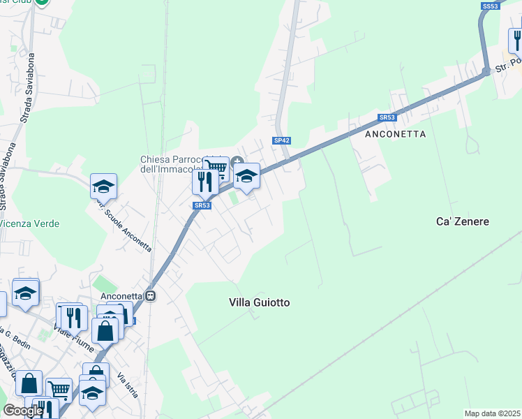 map of restaurants, bars, coffee shops, grocery stores, and more near Via Aurelio dall'Acqua in Vicenza