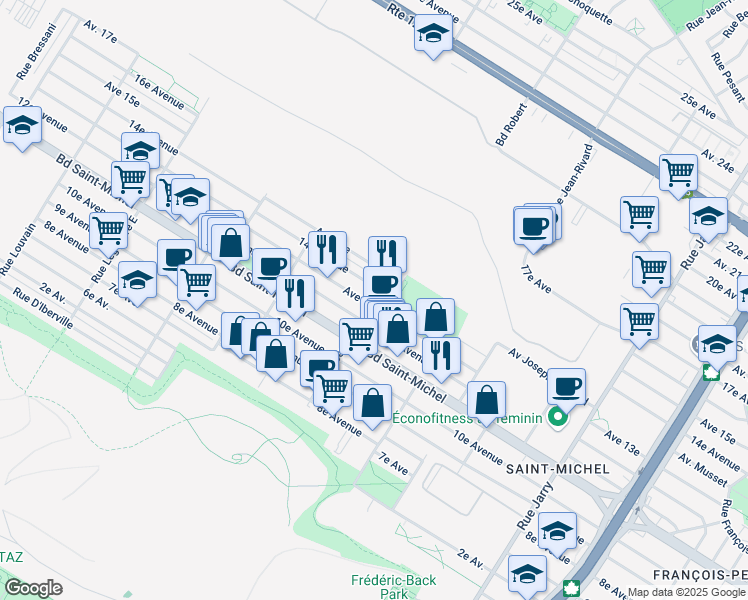 map of restaurants, bars, coffee shops, grocery stores, and more near 8579 13e Avenue in Montréal