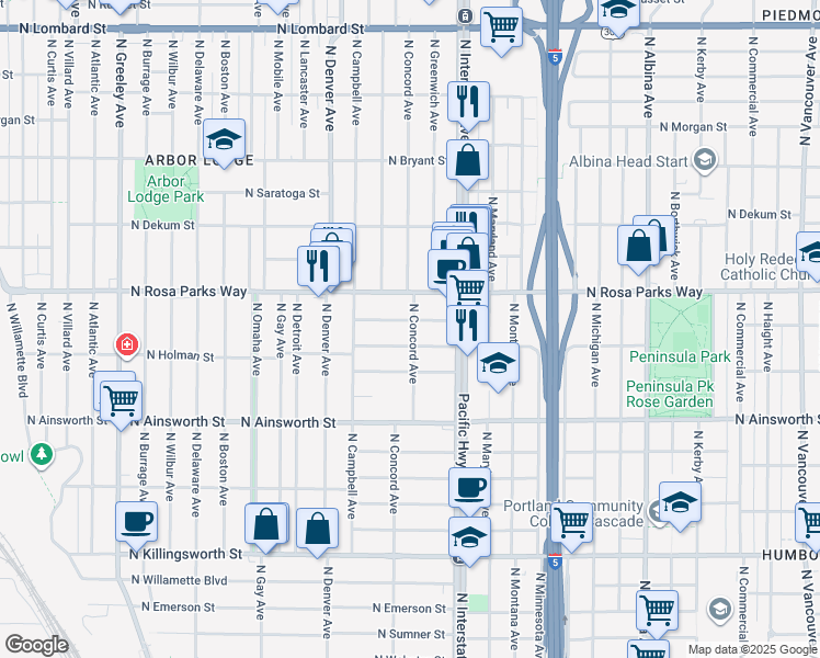 map of restaurants, bars, coffee shops, grocery stores, and more near 1600 North Holman Street in Portland