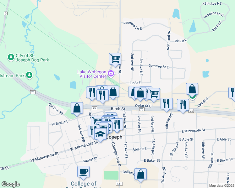 map of restaurants, bars, coffee shops, grocery stores, and more near 400 1st Avenue Northeast in Saint Joseph