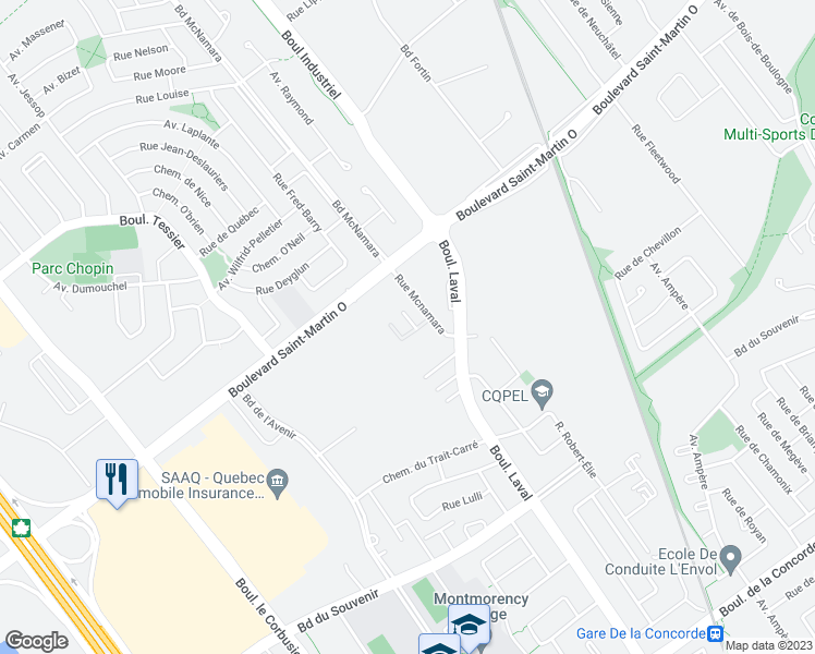 map of restaurants, bars, coffee shops, grocery stores, and more near 1664 Rue Mcnamara in Laval
