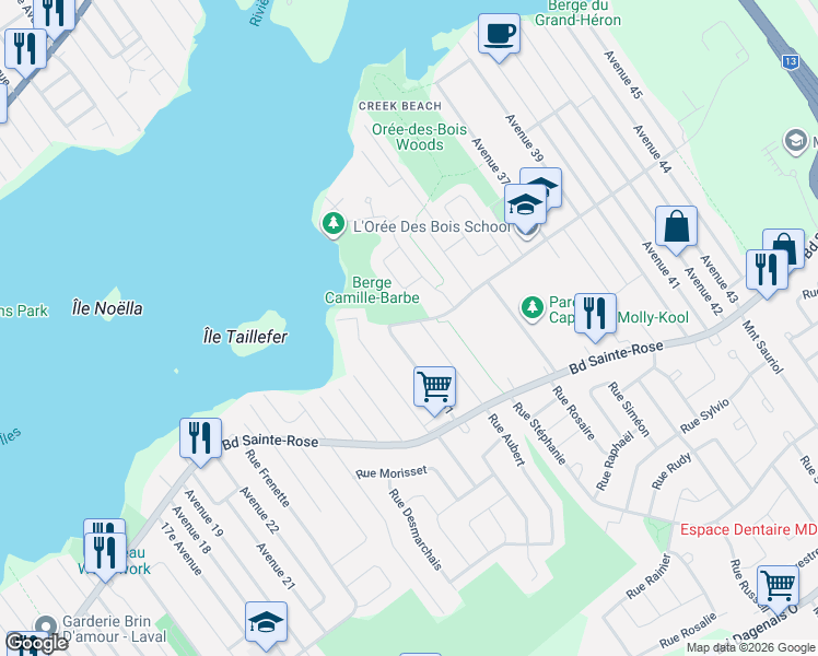 map of restaurants, bars, coffee shops, grocery stores, and more near 4418 Rue Séguin in Laval