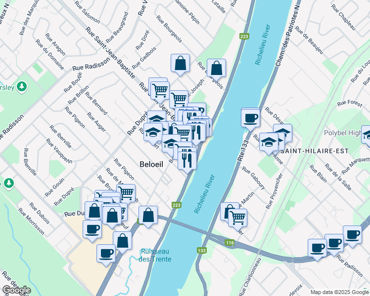 map of restaurants, bars, coffee shops, grocery stores, and more near 885 Boul Laurier in Beloeil