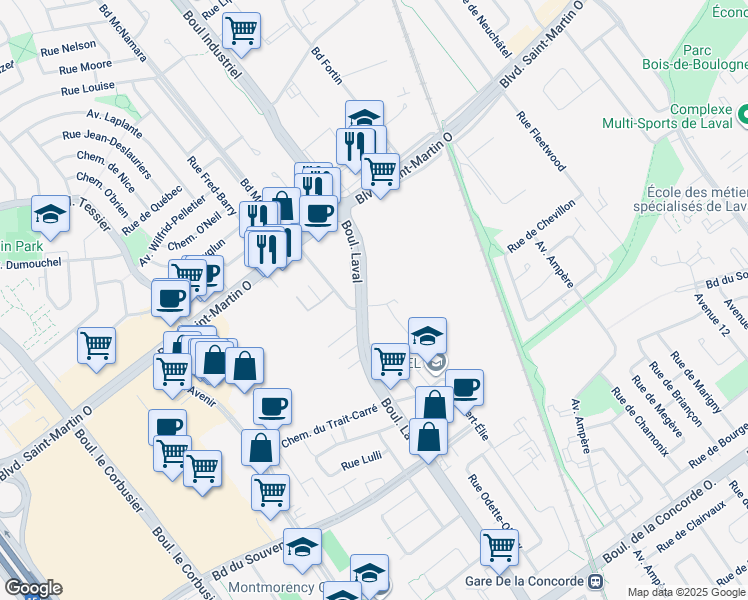 map of restaurants, bars, coffee shops, grocery stores, and more near 1555 Boulevard Laval in Laval