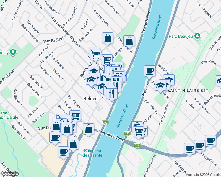 map of restaurants, bars, coffee shops, grocery stores, and more near 885 Boul Laurier in Beloeil