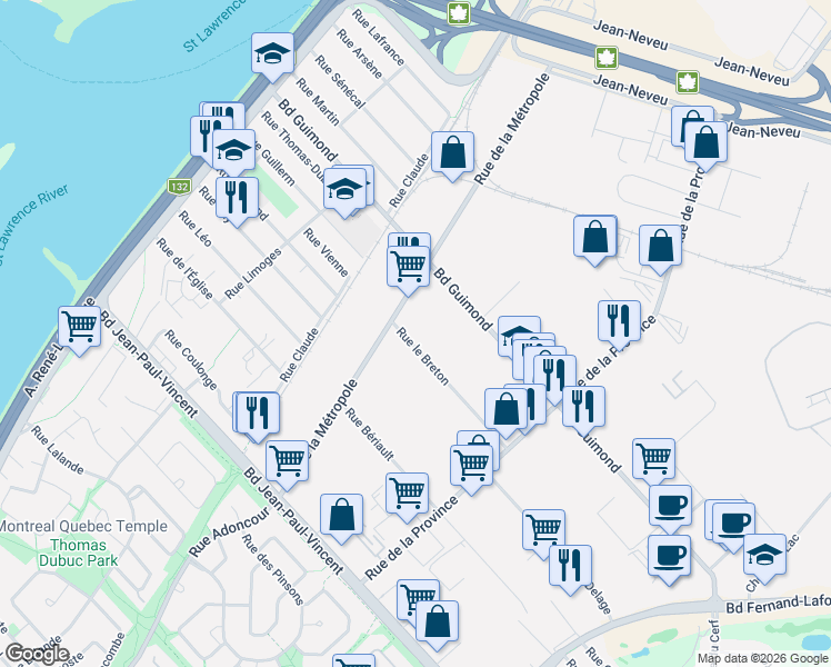 map of restaurants, bars, coffee shops, grocery stores, and more near 477 Rue le Breton in Longueuil