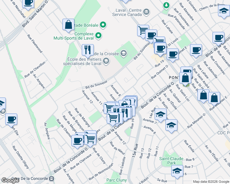 map of restaurants, bars, coffee shops, grocery stores, and more near 574 8e Avenue in Laval