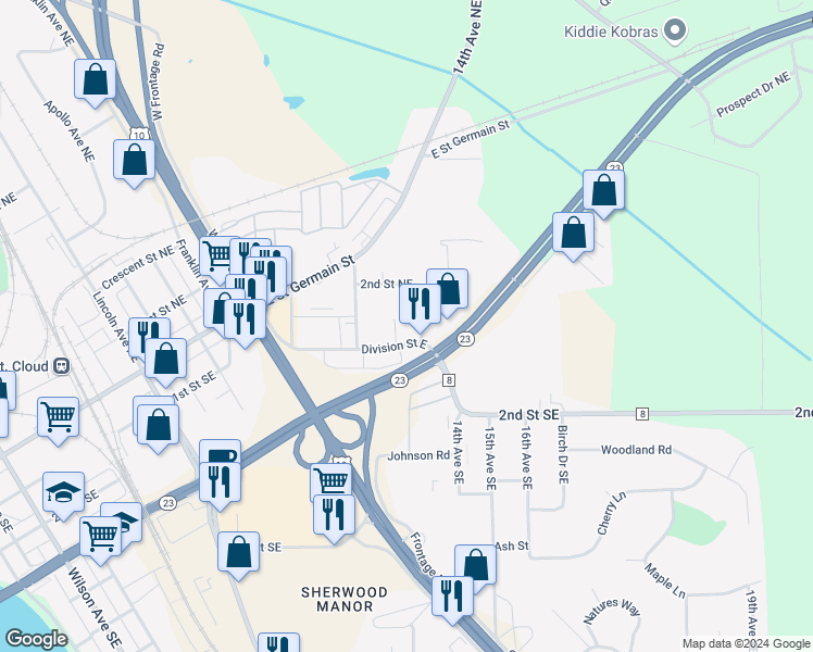 map of restaurants, bars, coffee shops, grocery stores, and more near 3 14th Avenue Northeast in St. Cloud
