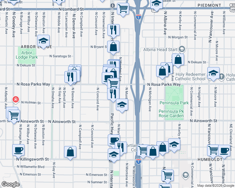 map of restaurants, bars, coffee shops, grocery stores, and more near 6228 North Interstate Avenue in Portland