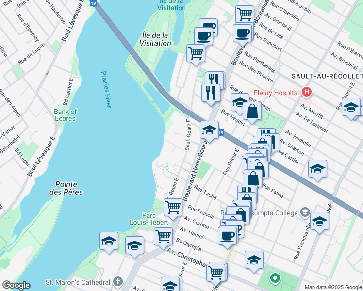 map of restaurants, bars, coffee shops, grocery stores, and more near 12331 Rue du Fort Lorette in Montréal