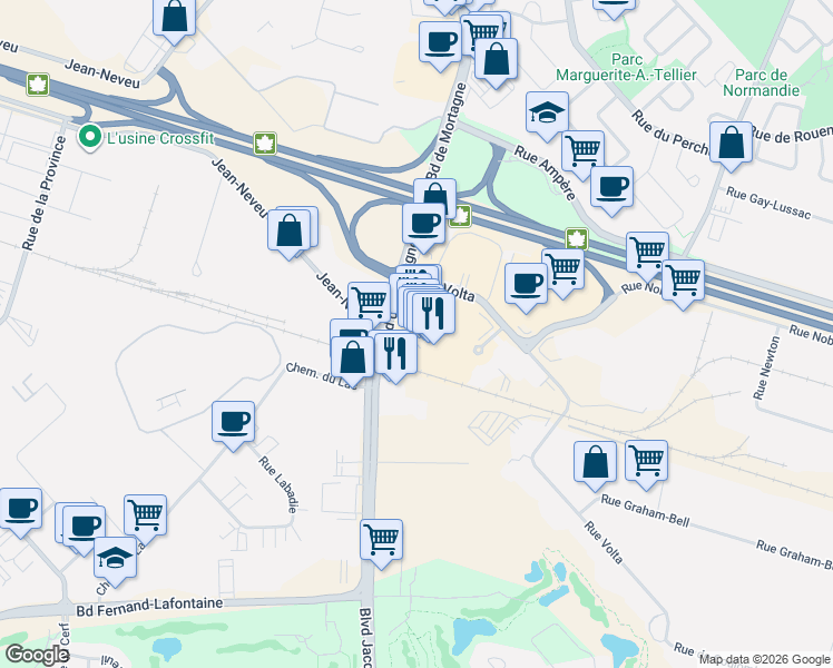 map of restaurants, bars, coffee shops, grocery stores, and more near 20 Boulevard de Mortagne in Boucherville
