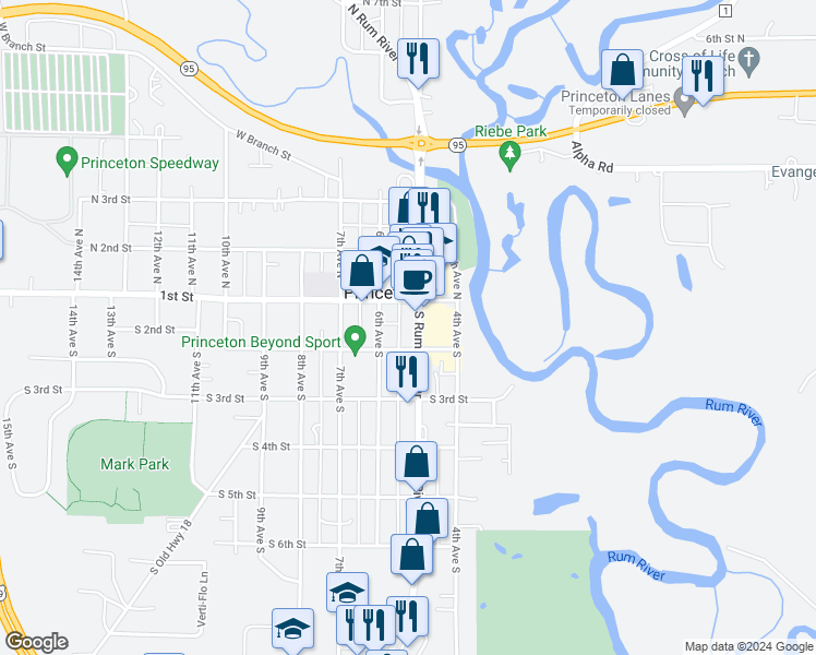 map of restaurants, bars, coffee shops, grocery stores, and more near 123 South Rum River Drive in Princeton