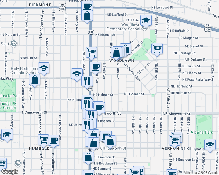 map of restaurants, bars, coffee shops, grocery stores, and more near 6314 Northeast 7th Avenue in Portland