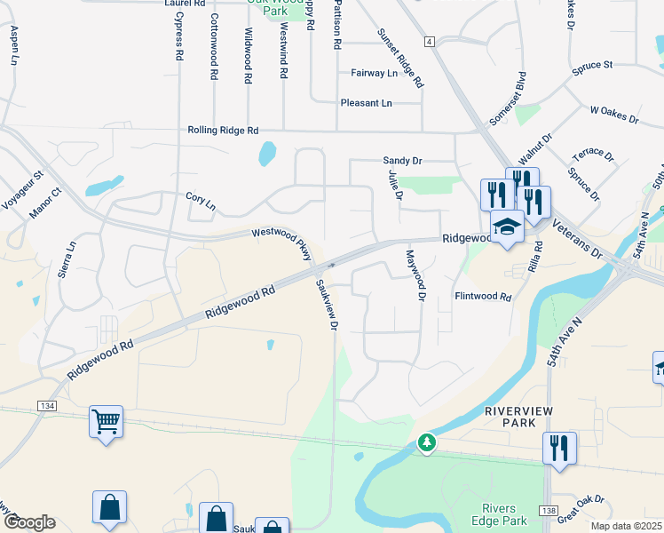 map of restaurants, bars, coffee shops, grocery stores, and more near 43 Fairfield Lane in St. Cloud