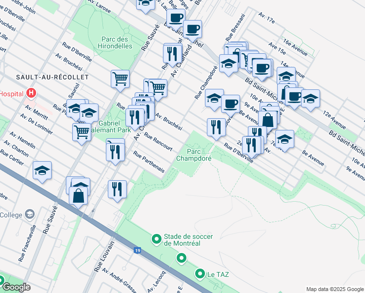 map of restaurants, bars, coffee shops, grocery stores, and more near 2395 Rue Champdoré in Montréal