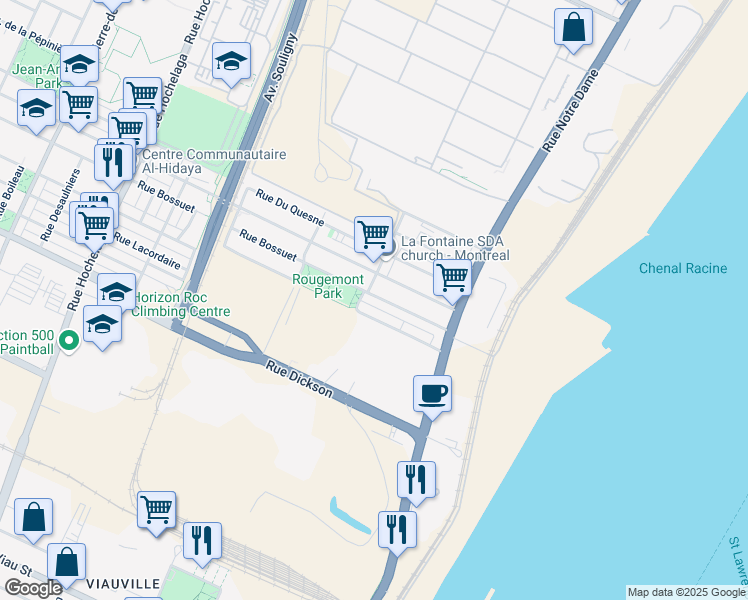 map of restaurants, bars, coffee shops, grocery stores, and more near 1220 Rue Bossuet in Montréal