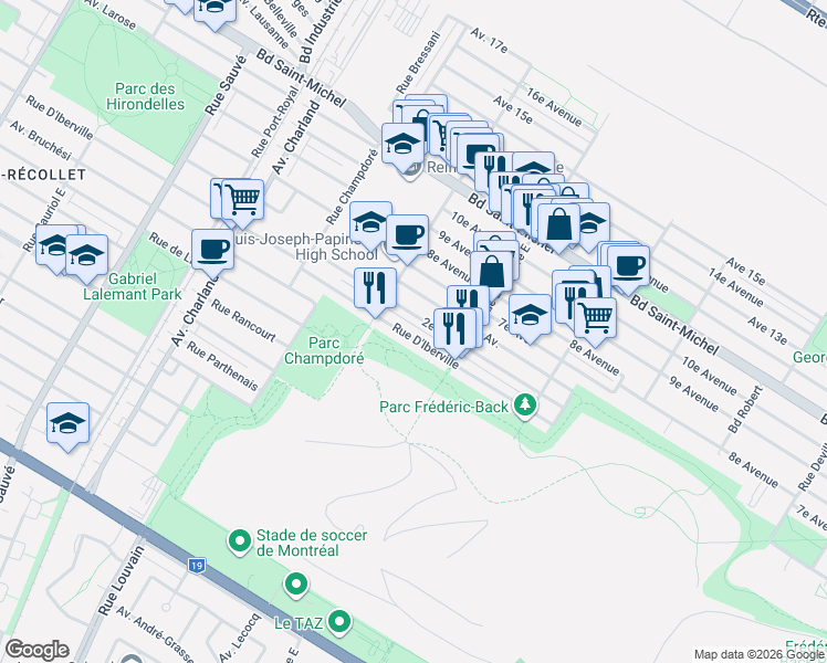 map of restaurants, bars, coffee shops, grocery stores, and more near 9167 Rue D'Iberville in Montréal
