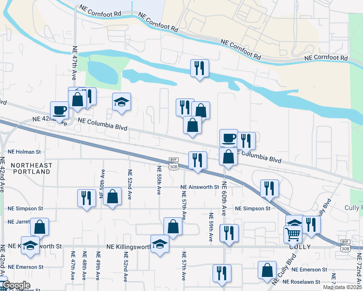 map of restaurants, bars, coffee shops, grocery stores, and more near 5748 Northeast Columbia Boulevard in Portland