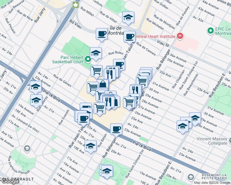 map of restaurants, bars, coffee shops, grocery stores, and more near 4400 Rue Jean-Talon Est in Montréal