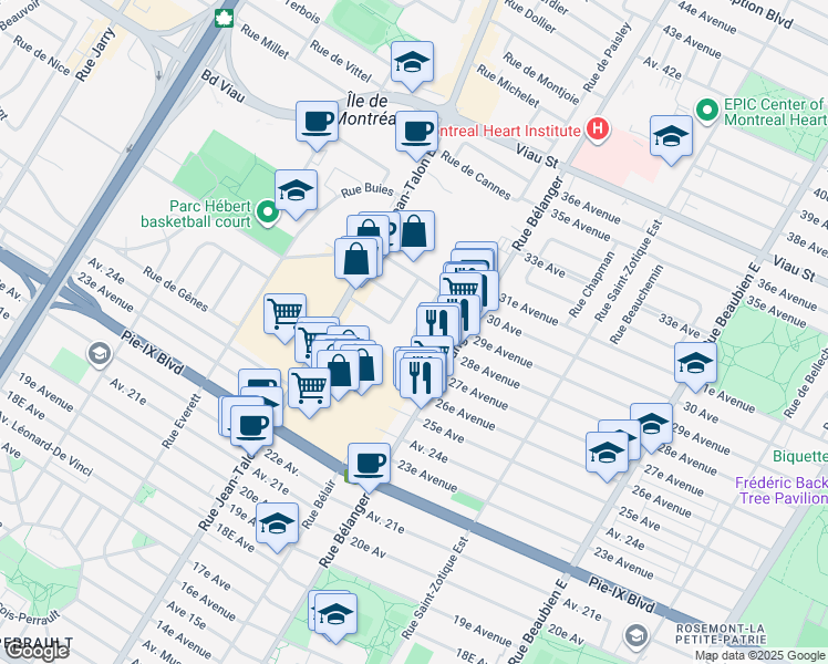 map of restaurants, bars, coffee shops, grocery stores, and more near 4425 Rue de Palerme in Montréal