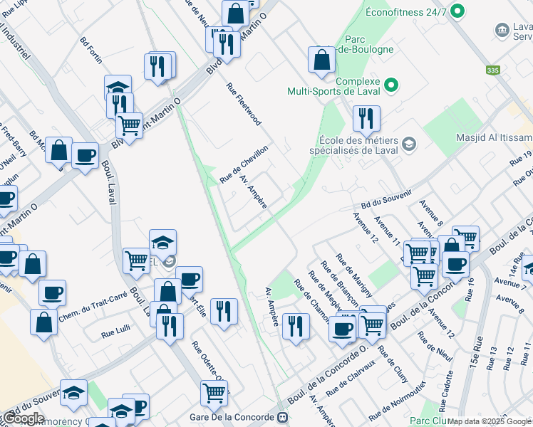 map of restaurants, bars, coffee shops, grocery stores, and more near 892 Avenue Ampère in Laval