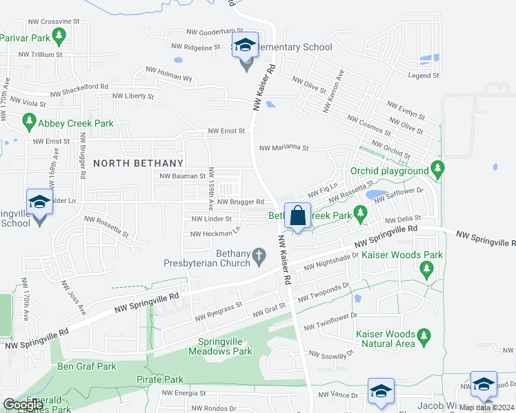 map of restaurants, bars, coffee shops, grocery stores, and more near 15598 Northwest Brugger Road in Portland