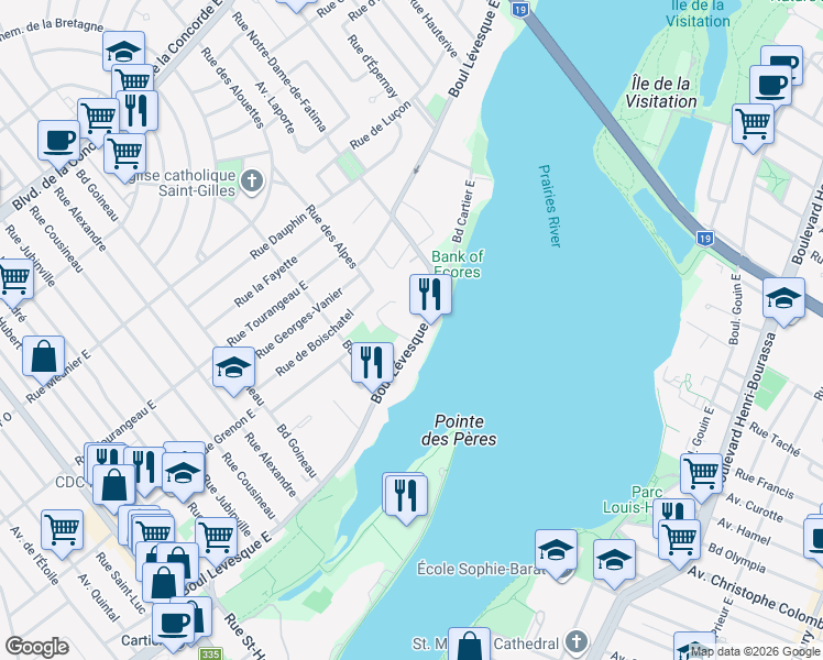 map of restaurants, bars, coffee shops, grocery stores, and more near 205 Terrasse Allaire in Laval