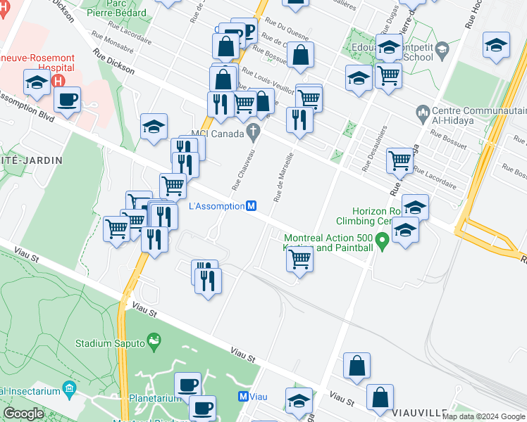 map of restaurants, bars, coffee shops, grocery stores, and more near 3015 Boulevard de l'Assomption in Montréal