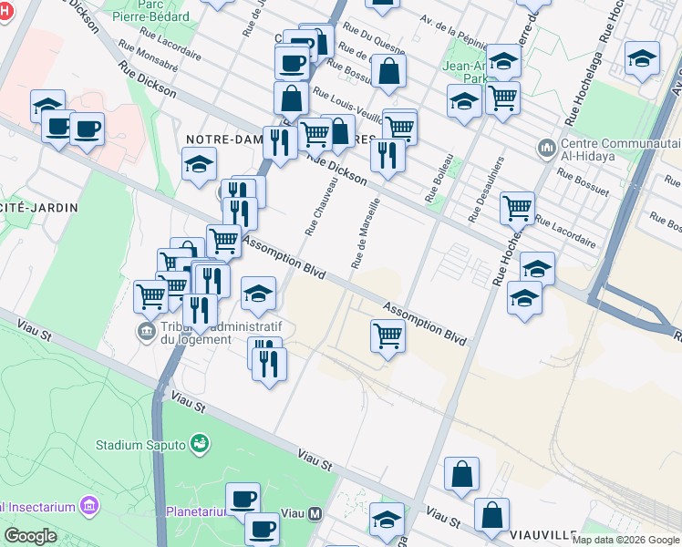 map of restaurants, bars, coffee shops, grocery stores, and more near in Montreal