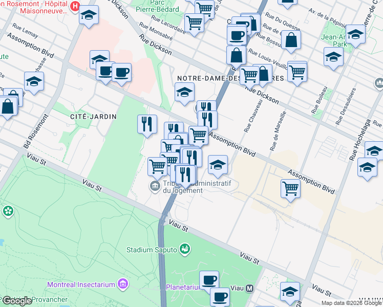 map of restaurants, bars, coffee shops, grocery stores, and more near 5100 Rue Sherbrooke Est in Montréal