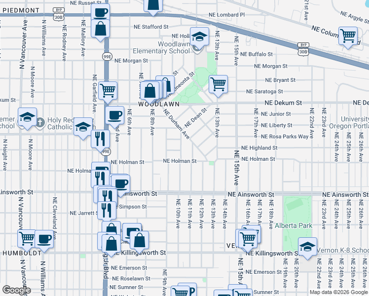 map of restaurants, bars, coffee shops, grocery stores, and more near 6404 Northeast 10th Avenue in Portland