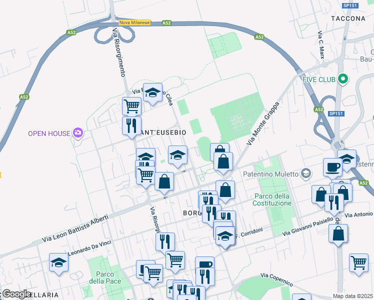 map of restaurants, bars, coffee shops, grocery stores, and more near Via Francesco Cilea in Cinisello Balsamo