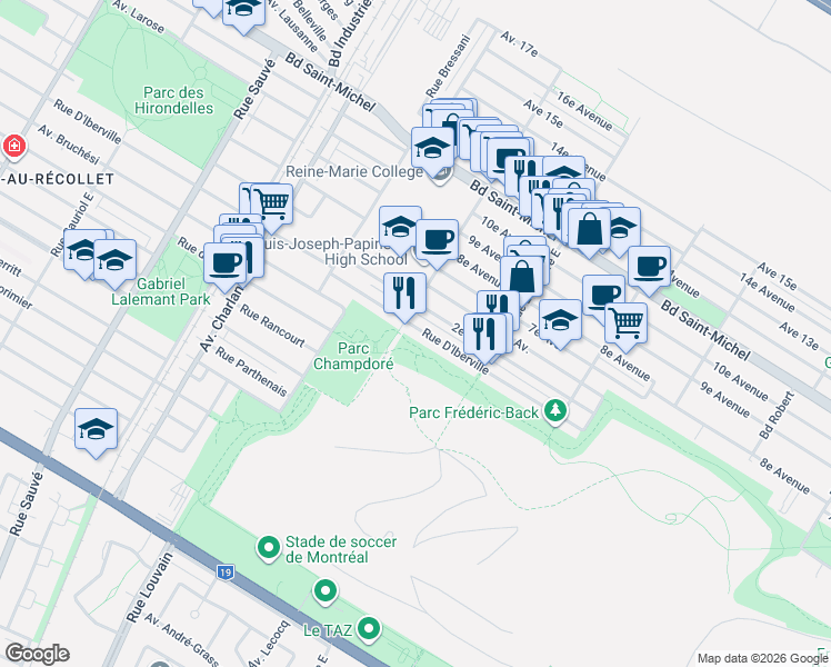 map of restaurants, bars, coffee shops, grocery stores, and more near 9186 Rue D'Iberville in Montréal