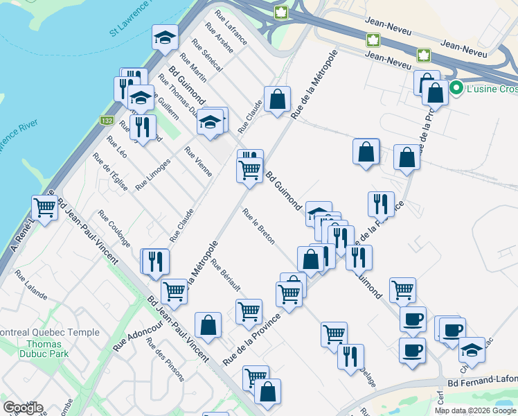 map of restaurants, bars, coffee shops, grocery stores, and more near 485 Rue le Breton in Longueuil