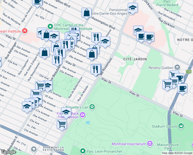 map of restaurants, bars, coffee shops, grocery stores, and more near in Montreal