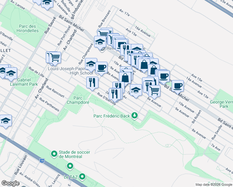 map of restaurants, bars, coffee shops, grocery stores, and more near 9064 6e Avenue in Montréal