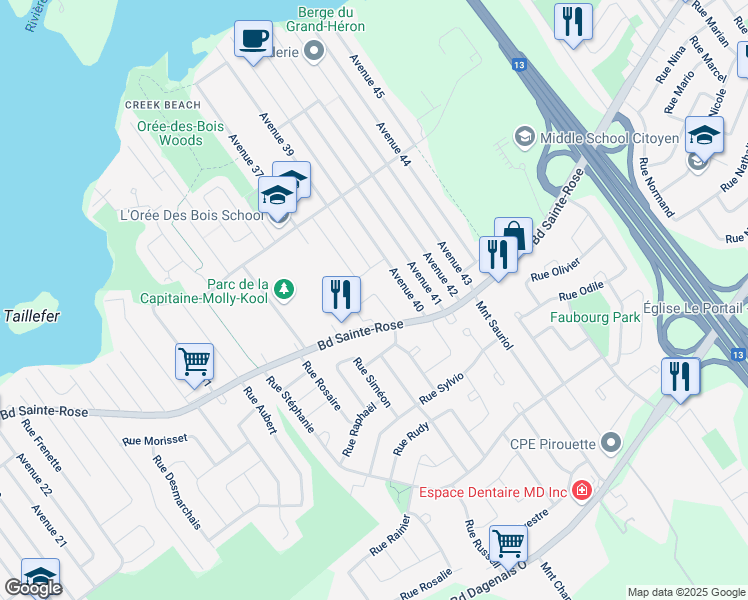 map of restaurants, bars, coffee shops, grocery stores, and more near 924 Rue Gerbault in Laval