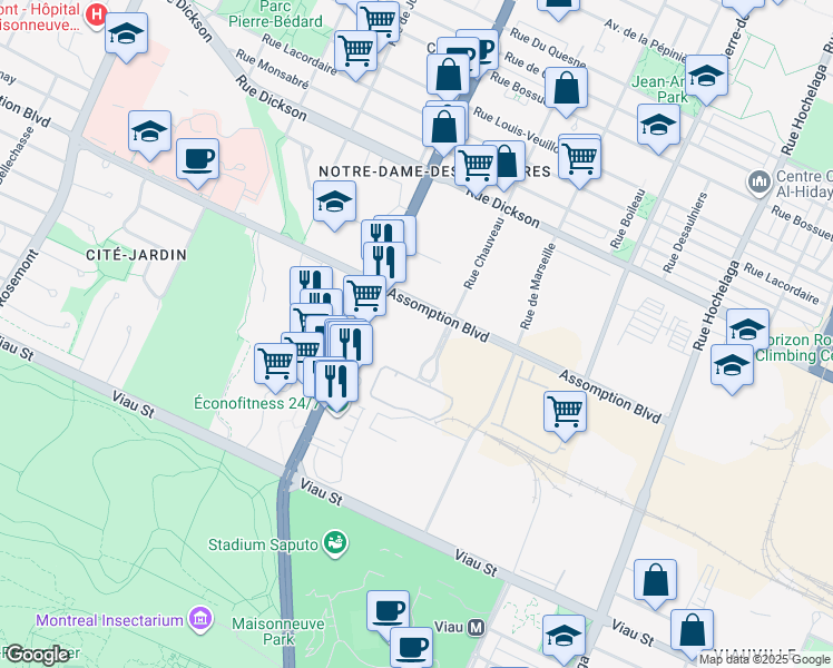 map of restaurants, bars, coffee shops, grocery stores, and more near in Montreal