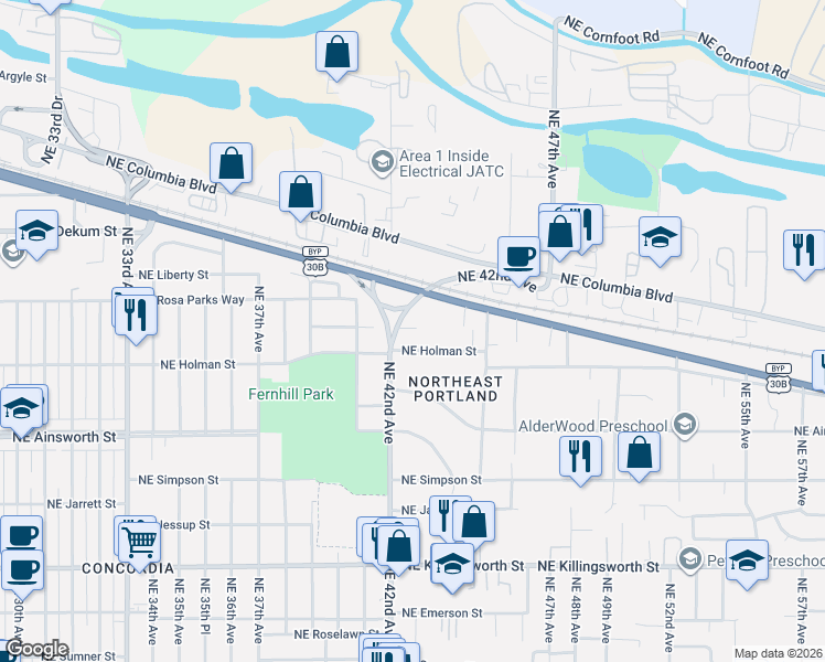 map of restaurants, bars, coffee shops, grocery stores, and more near 6324 Northeast 42nd Avenue in Portland