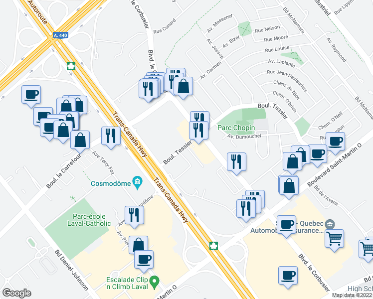 map of restaurants, bars, coffee shops, grocery stores, and more near 3058 Boulevard Tessier in Laval