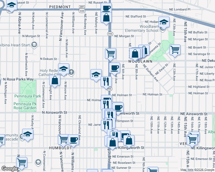 map of restaurants, bars, coffee shops, grocery stores, and more near 6360 Oregon 99E in Portland