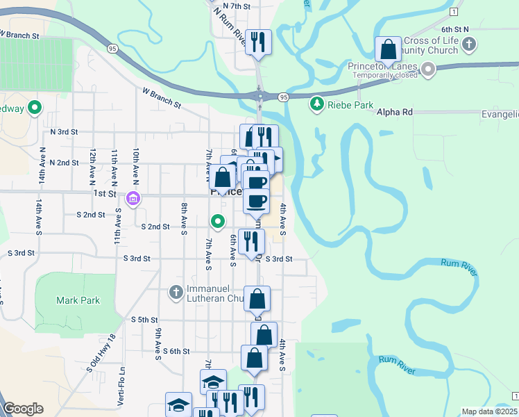 map of restaurants, bars, coffee shops, grocery stores, and more near 502 South 2nd Street in Princeton