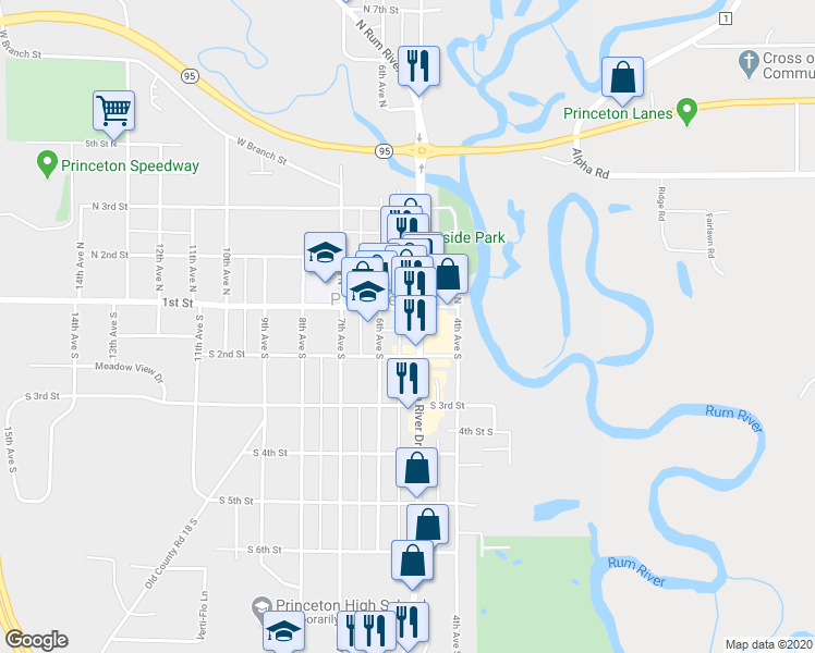 map of restaurants, bars, coffee shops, grocery stores, and more near 502 South 2nd Street in Princeton