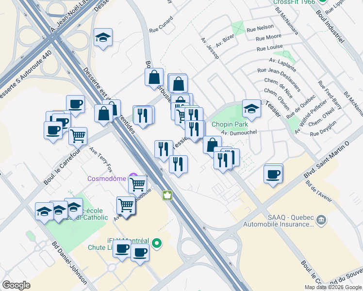 map of restaurants, bars, coffee shops, grocery stores, and more near 3058 Boulevard Tessier in Laval