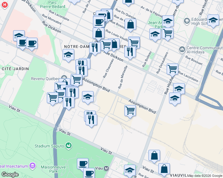 map of restaurants, bars, coffee shops, grocery stores, and more near 3045 Boulevard de l'Assomption in Montréal
