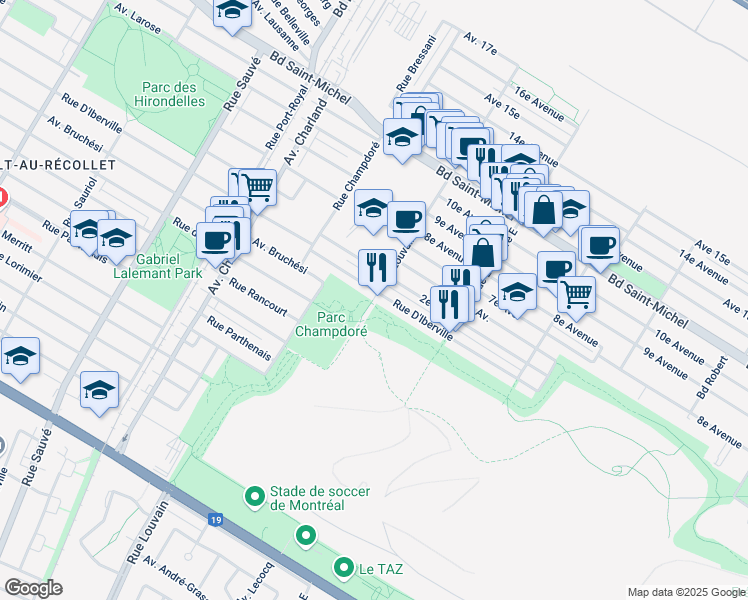 map of restaurants, bars, coffee shops, grocery stores, and more near 2600 Rue de Louvain Est in Montreal