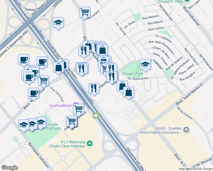 map of restaurants, bars, coffee shops, grocery stores, and more near 3004 Boulevard Tessier in Laval