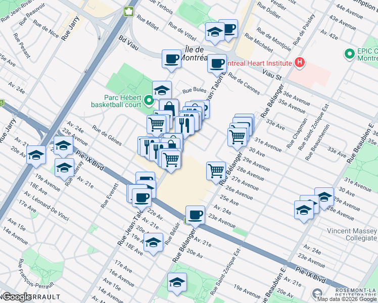 map of restaurants, bars, coffee shops, grocery stores, and more near 4400 Rue Jean-Talon Est in Montréal