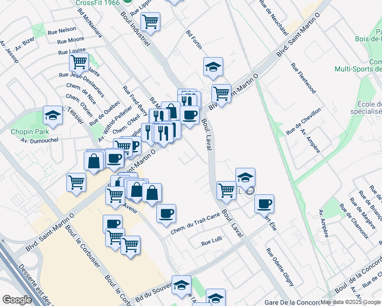 map of restaurants, bars, coffee shops, grocery stores, and more near 1668 Rue Mcnamara in Laval
