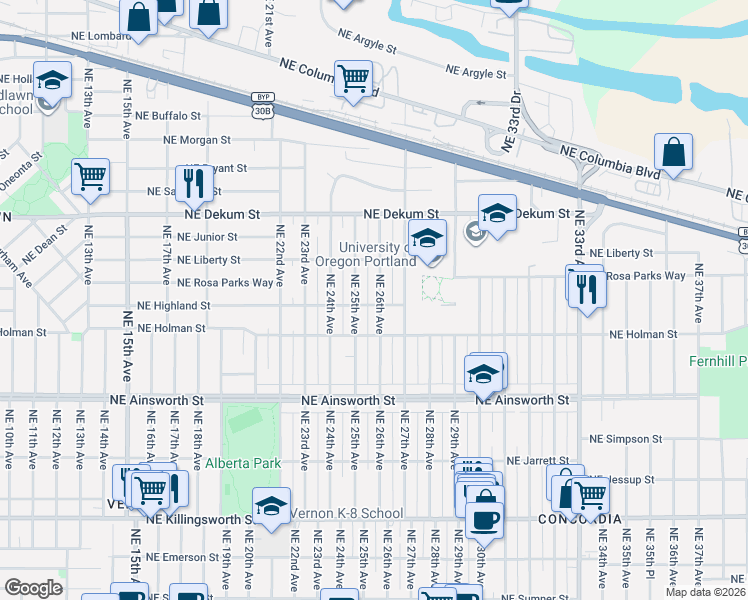 map of restaurants, bars, coffee shops, grocery stores, and more near 6405 Northeast 26th Avenue in Portland